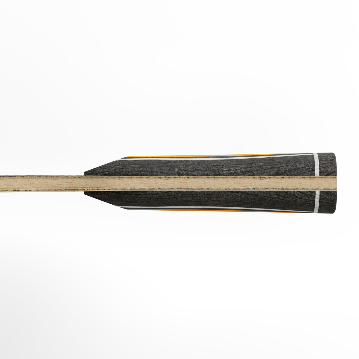 Close-up side view of a pickleball paddle handle with black grip and yellow accents