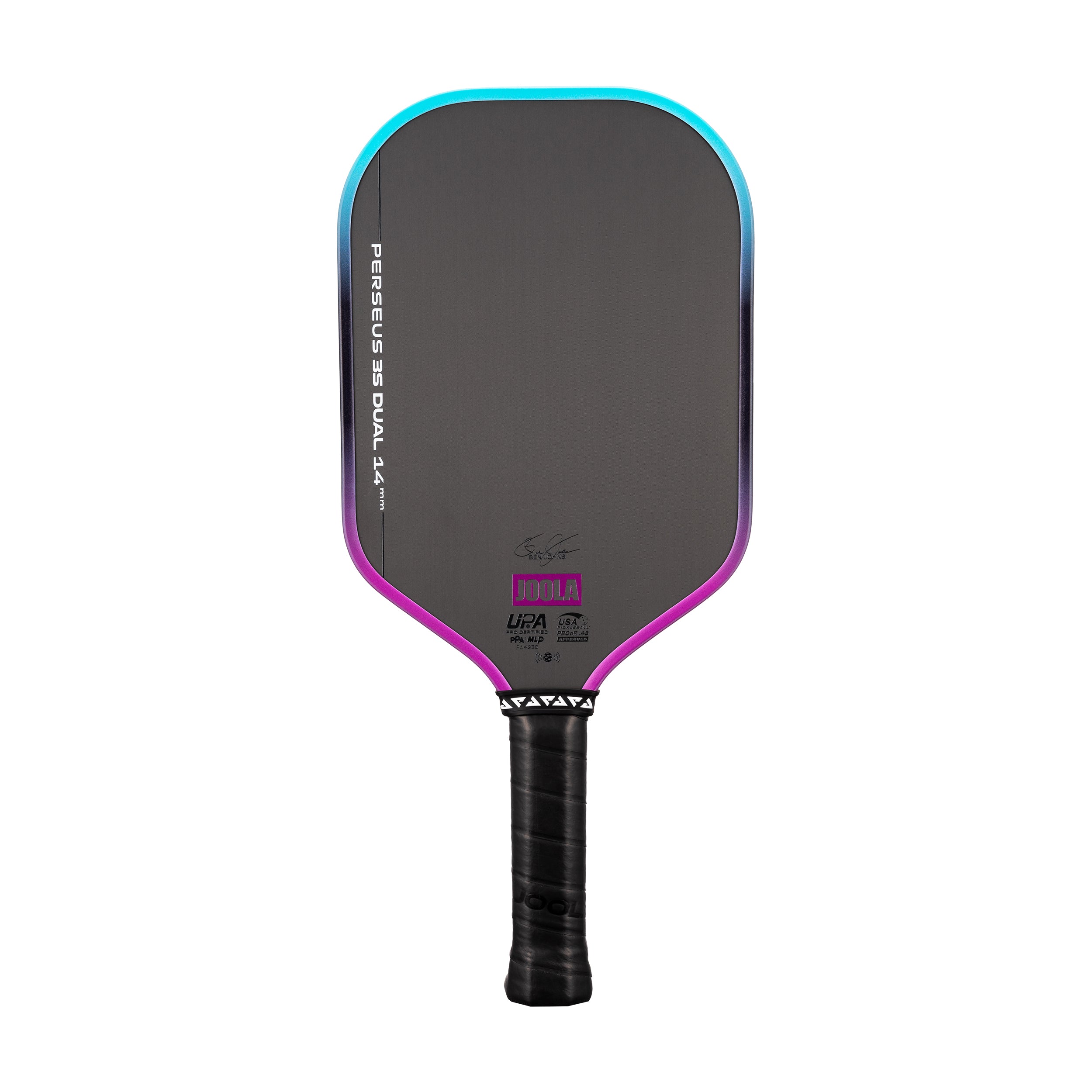 Pickleball paddle with black and purple design on a white background