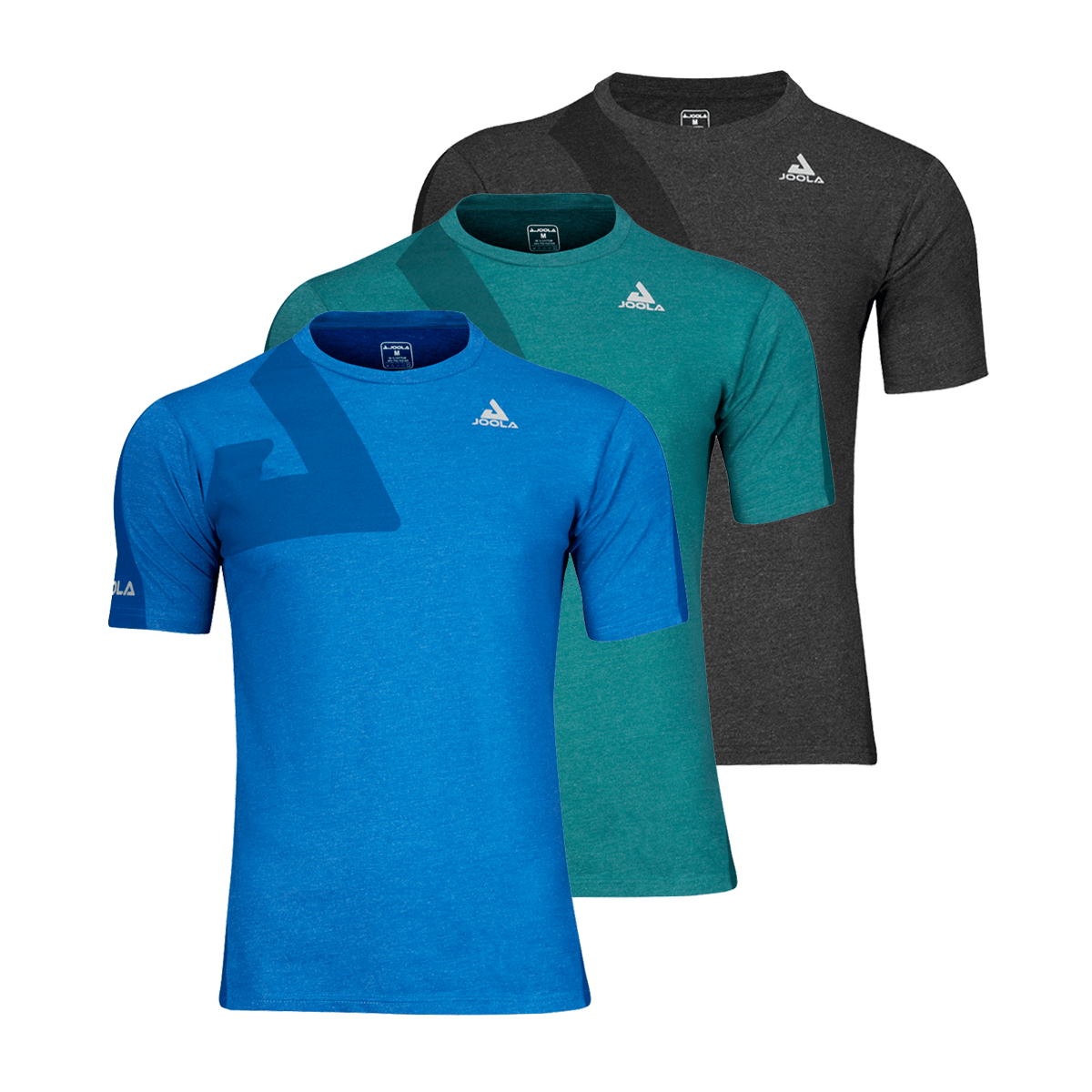 White Background Image: JOOLA Competition Shirt in Blue, Green, and Grey. Design features large JOOLA Trinity Icon on right shoulder. Small stacked JOOLA logo in grey on left chest and horizontal logo on right sleeve.