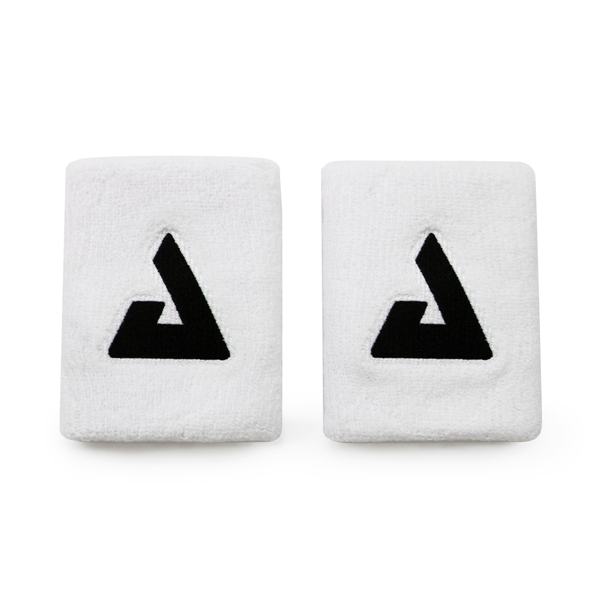 Product image of two white JOOLA Trinity Wristbands with the black Trinity logos showing