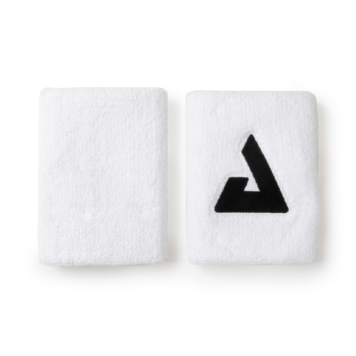 Product image of the white JOOLA Trinity Wristband, with the back pictured on the left, and the front Trinity logo design in black pictured on the right