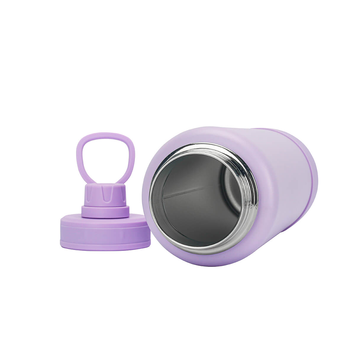 Product image of the purple JOOLA Water Bottle on its side with the cap off and to the side. Stainless steel inside of bottle visible.