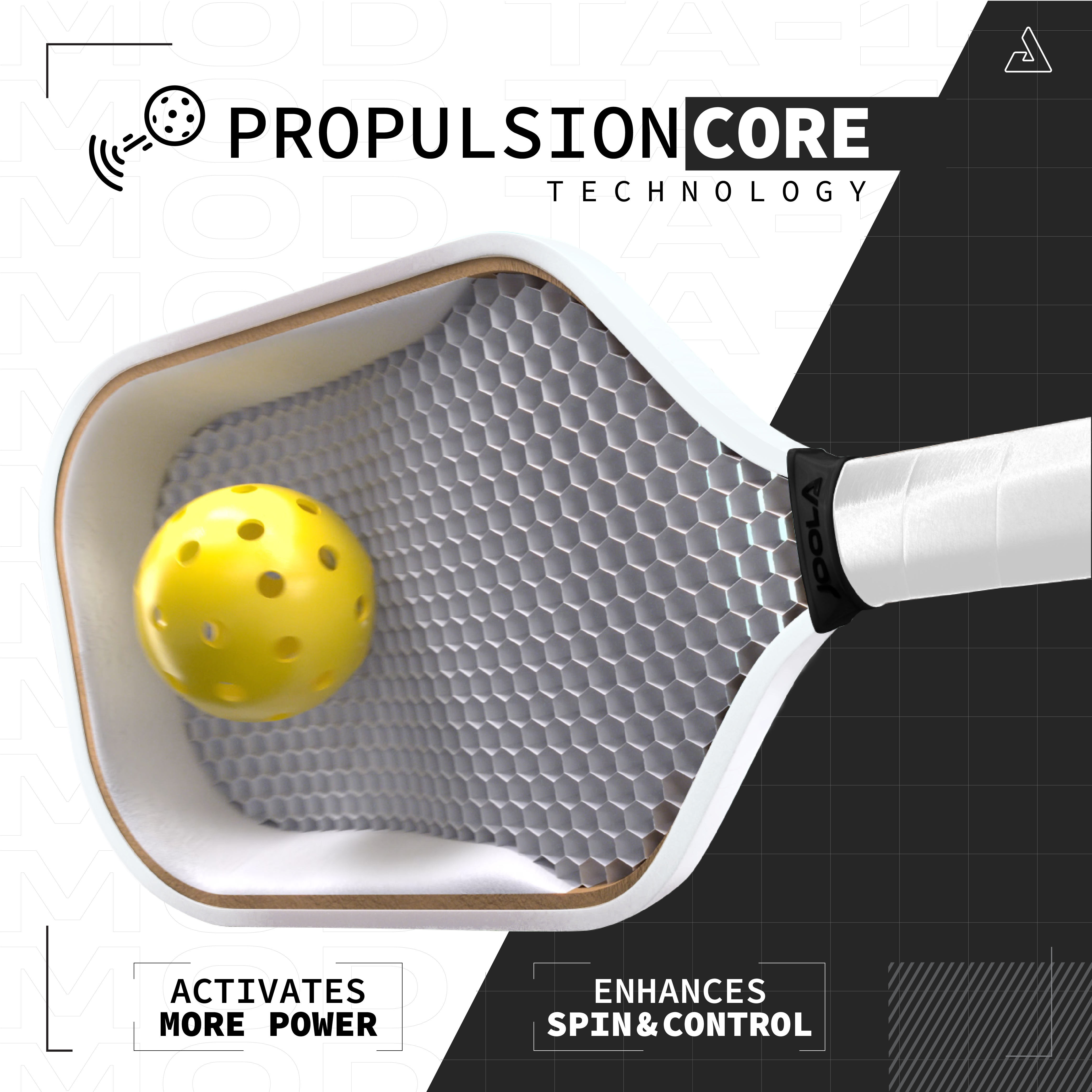 Image of a infographic displaying the specifications for the JOOLA Perseus Mod-TA-15 14mm Pro Player Edition pickleball paddle.