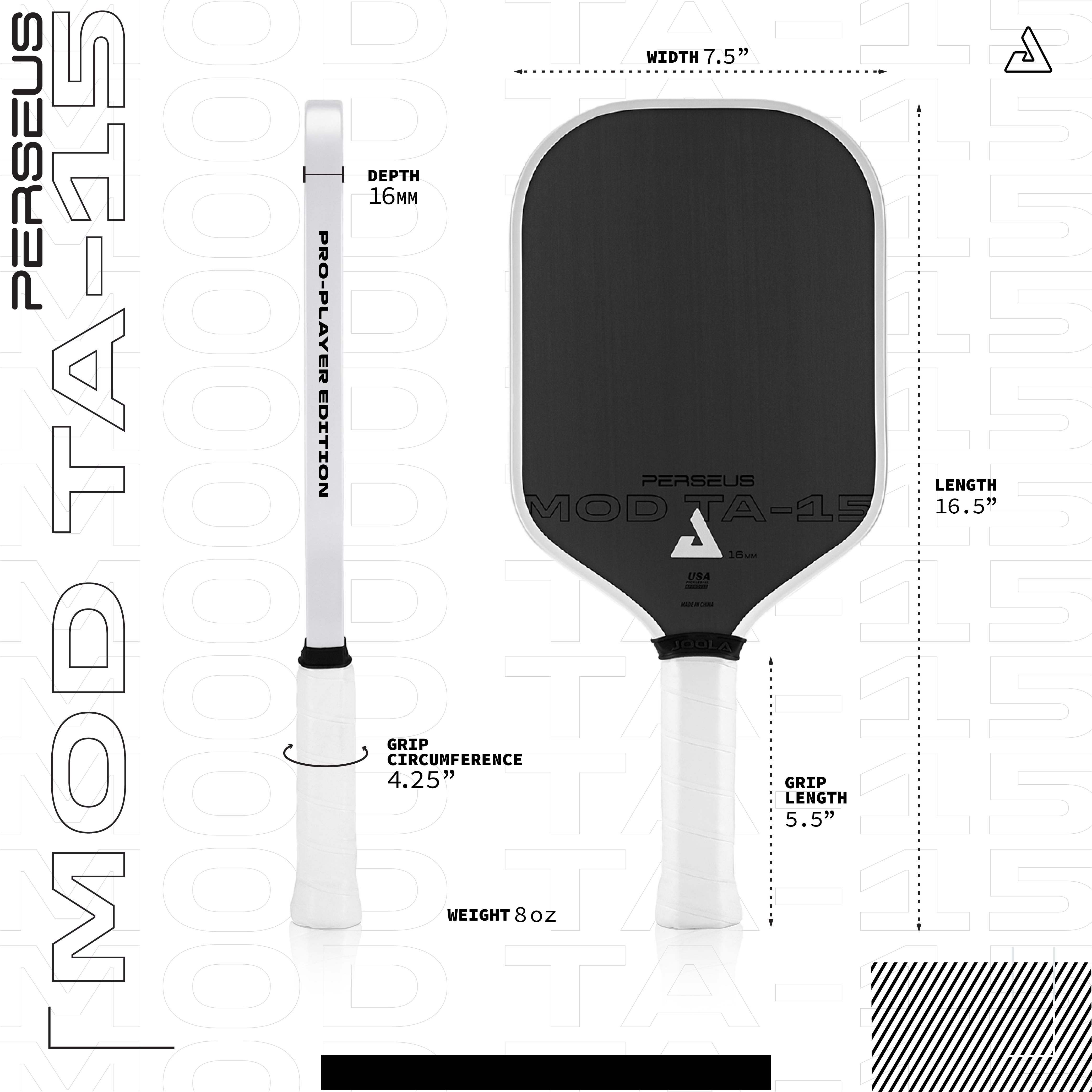 Image of a infographic displaying the specifications for the JOOLA MOD TA-15 pro player edition pickleball paddle.