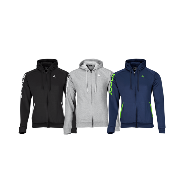 White Background Image: (Left to Right) JOOLA Performance Hoodie in Black, Grey, and Navy/Lime